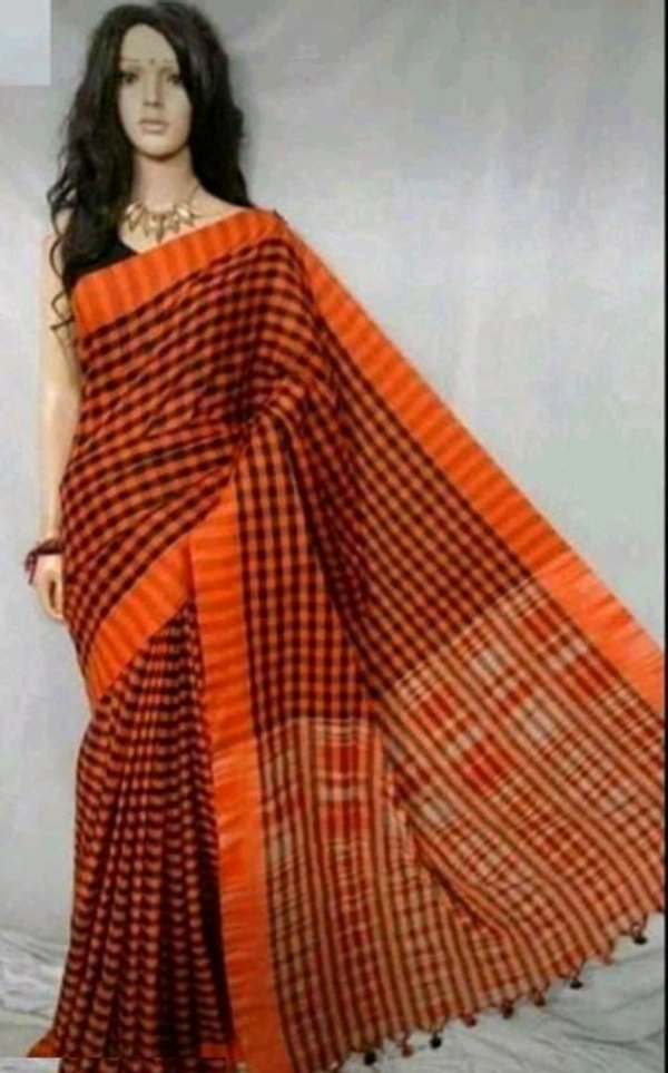 Handloom Checked Cotton Saree With Separate Same louse Peace - Orange